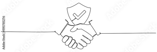 Handshake and shield continuous line drawing. International agreement concept with check mark. World partnership linear illustration. Vector isolated on white.