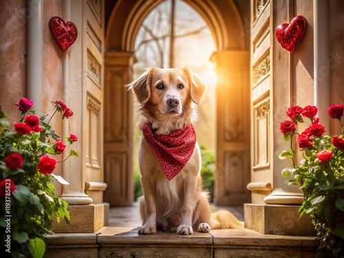 Valentine's Day Dog Portraits: Adorable Canine Companions in Romantic Architectural Settings photo