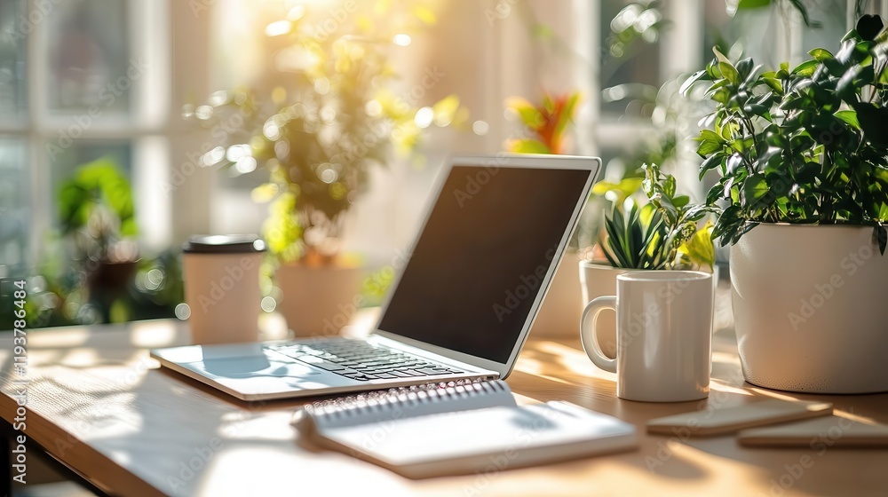 Home office setup, close-up of laptop, notebook, and coffee mug on a minimalist desk, bright and organized workspace Home office setup, close-up of laptop, notebook, and coffee mug on a minimalist desk, bright and organized workspace