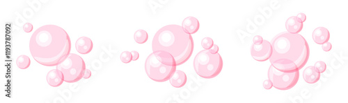 Set of pink soap bubbles in cartoon style. Vector illustration of cute transparent air bubbles isolated on white background. Pink soap bubbles of different sizes:large, medium, small.Foam.