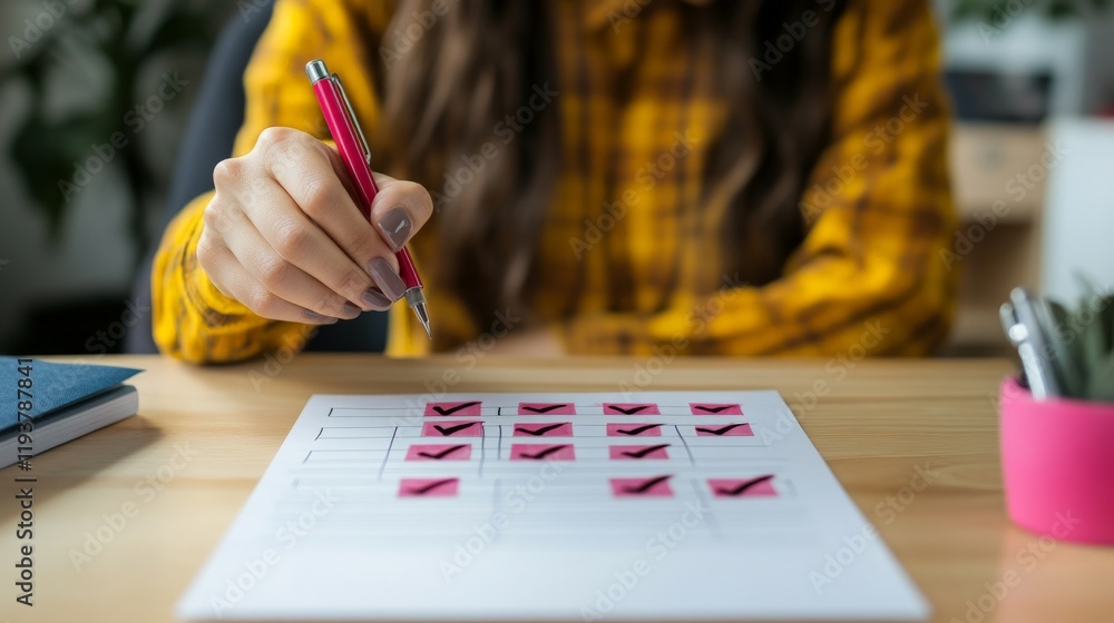 Obraz premium Woman checking boxes on a document with red pen at a desk