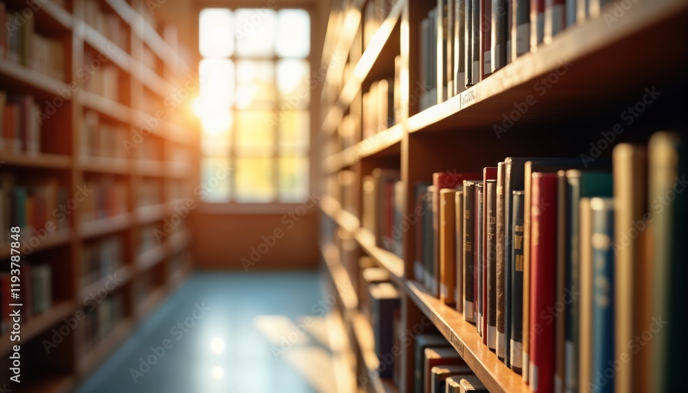 Blurred library interior with rows of books on shelves. Sunlight streams into room. Vast collection of knowledge available. Empty space suggests study environment. Focus on organization, order of Blurred library interior with rows of books on shelves. Sunlight streams into room. Vast collection of knowledge available. Empty space suggests study environment. Focus on organization, order of