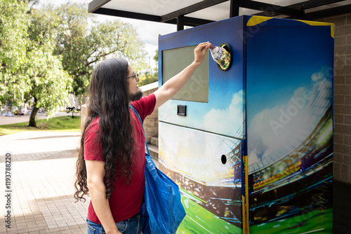 Young hispanic man using bottle deposit point. Man recycling plastic bottle via reverse vending machine. Hispanic reciclying bottles photo