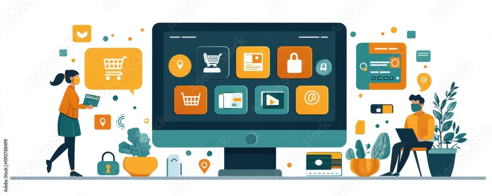 Illustration of Online Shopping Concepts with Users and Computer Icons Illustration of Online Shopping Concepts with Users and Computer Icons