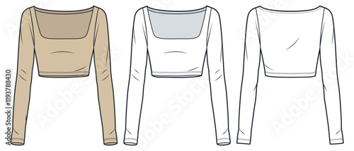 Long Sleeve Top technical fashion illustration. Crop Top fashion flat technical drawing template, square neck, slim fit, front and back view, white, beige, women CAD mockup set.