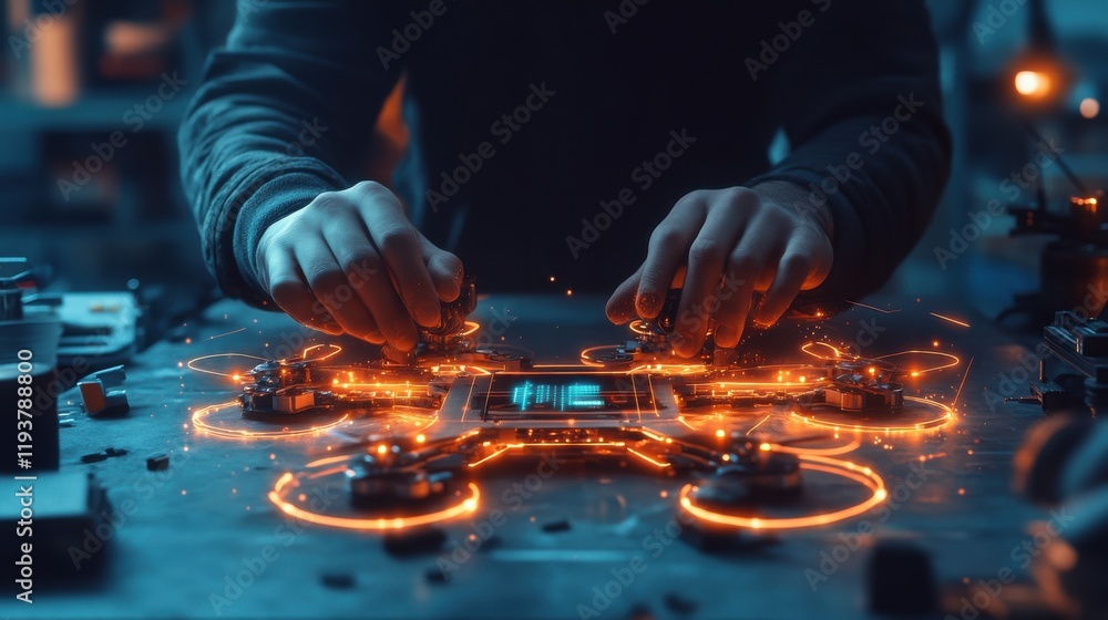 Engineer Working on an Illuminated and Detailed Drone Prototype at Workshop Table