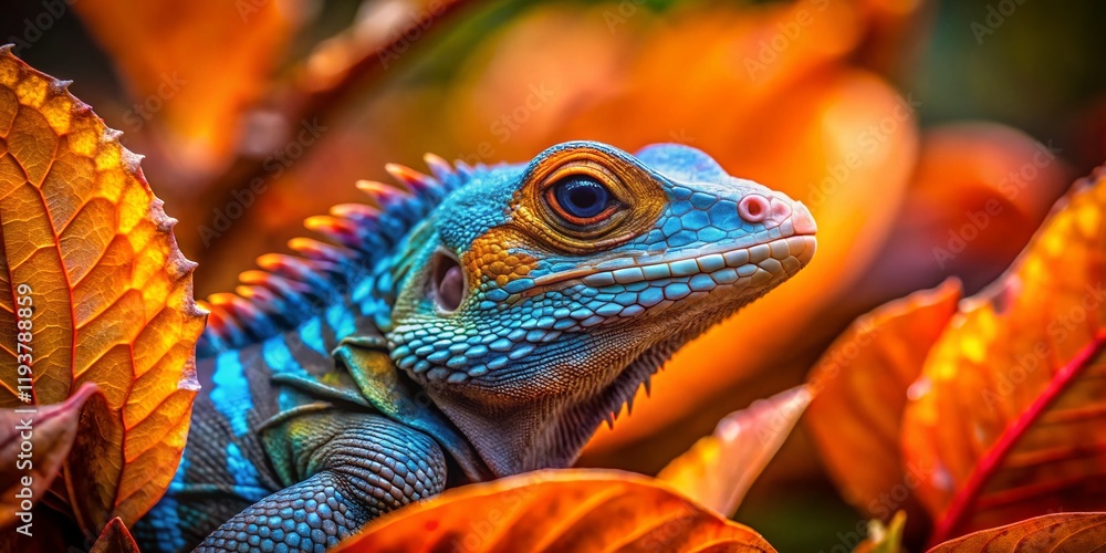Obraz premium Vibrant Blue & Orange Lizard on Colorful Leaves - Long Exposure Wildlife Stock Photo