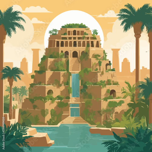 Atlantis Or Hanging Garden Of Babylon Building On Island Illustration Vector
