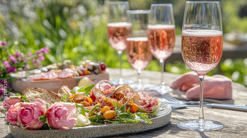 Delicious Rosé Wine Picnic with Appetizers and Pink Roses Delicious Rosé Wine Picnic with Appetizers and Pink Roses
