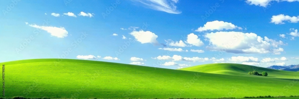 Rolling hills of emerald grass under a vast, clear blue sky dotted with cumulus clouds , scenic, blue Rolling hills of emerald grass under a vast, clear blue sky dotted with cumulus clouds , scenic, blue