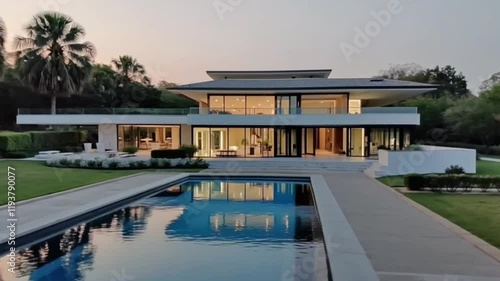 Modern luxury home exterior with a pool and garden, softly lit up at dusk.