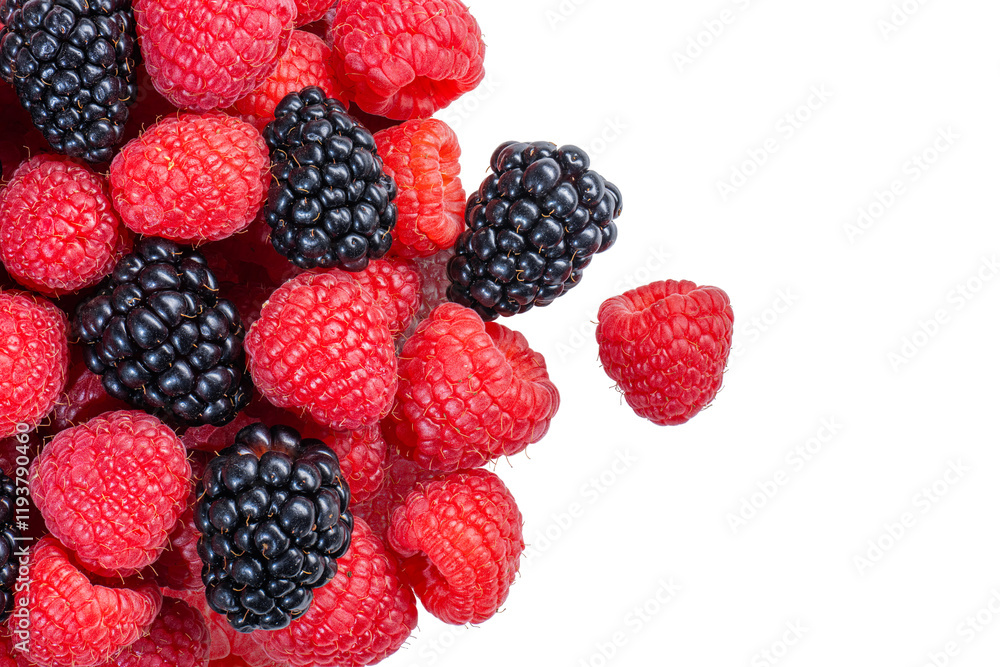 Large pile of red and black raspberries and blackberries - close-up from above on transparent background Large pile of red and black raspberries and blackberries - close-up from above on transparent background