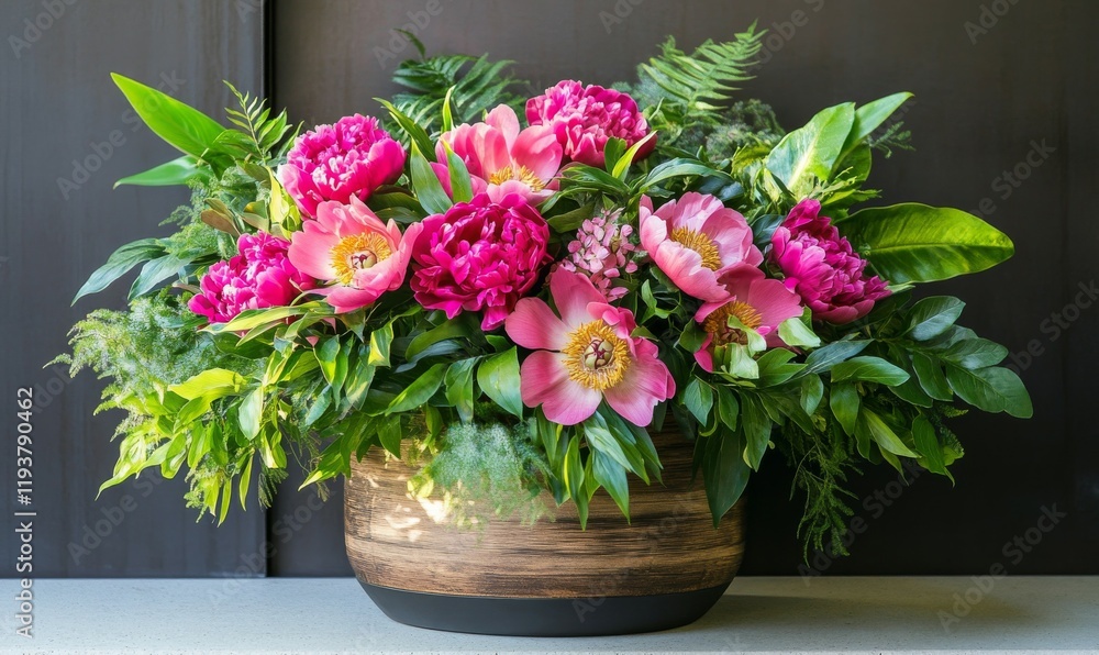 Obraz premium A vibrant bouquet of bright pink peony flowers surrounded by lush greenery and foliage in a large wooden planter