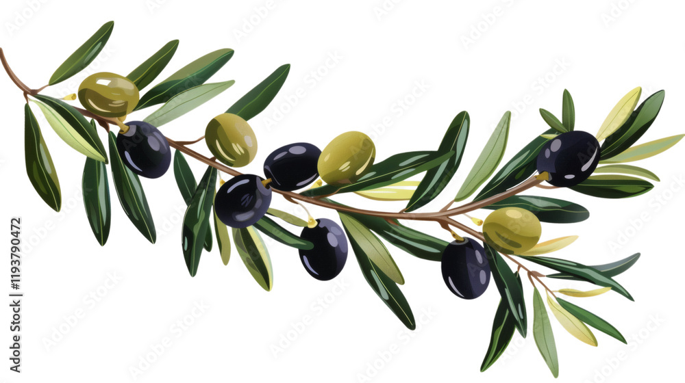 An olive branch with ripe black and green olives, isolated on a white background An olive branch with ripe black and green olives, isolated on a white background