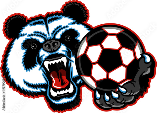 angry panda bear mascot holding soccer ball for school, college or league sports