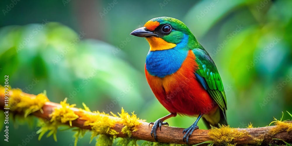 Vibrant Jungle Bird Perched on Branch - Colorful Wildlife Stock Photo Vibrant Jungle Bird Perched on Branch - Colorful Wildlife Stock Photo