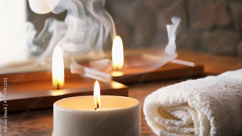 A serene spa setting is enhanced by the gentle flicker of candles and rising steam. Towels are neatly arranged, and the word 'RELAX' appears in the mist, promoting a calming atmosphere. A serene spa setting is enhanced by the gentle flicker of candles and rising steam. Towels are neatly arranged, and the word 'RELAX' appears in the mist, promoting a calming atmosphere.