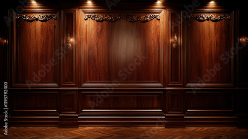 A rich mahogany wood wall with subtle engravings and warm spotlighting, providing a traditional, elegant backdrop perfect for showcasing high-end, classic product displays.
