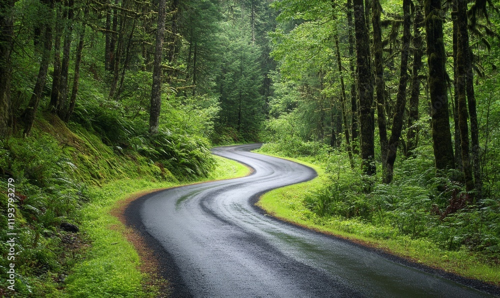 Fototapeta premium A Winding Asphalt Road Through a Lush Green Forest