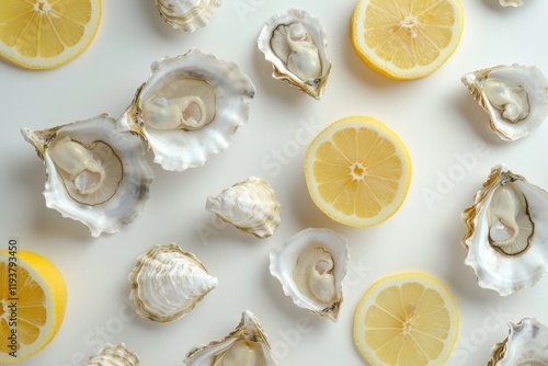 Oysters on a white background with lemon  Oyster  Oysters photo