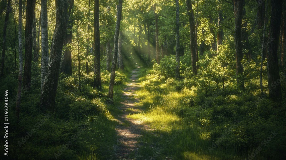 Sunlit Forest Path- Magical Woodland Trail Scene Sunlit Forest Path- Magical Woodland Trail Scene