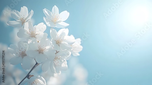 White cherry blossom in spring time against blue sky. Nature blossom spring background. Branches of blossoming cherry macro with soft focus on light background with copy space photo