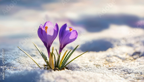 Purple Crocus flower blossom growing in melting snow early spring sunny day