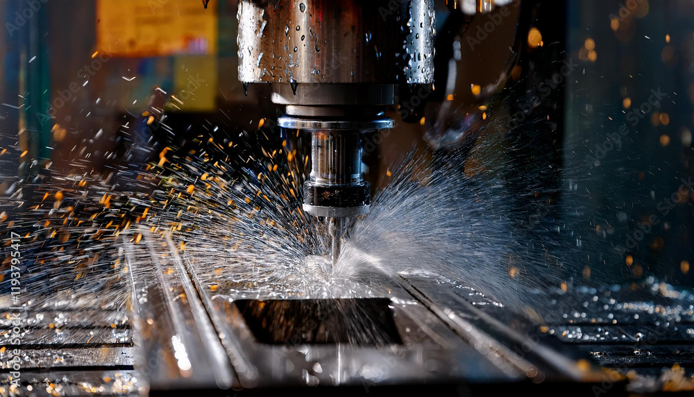 Cnc milling machine is creating a metal detail using a water cooling system Cnc milling machine is creating a metal detail using a water cooling system
