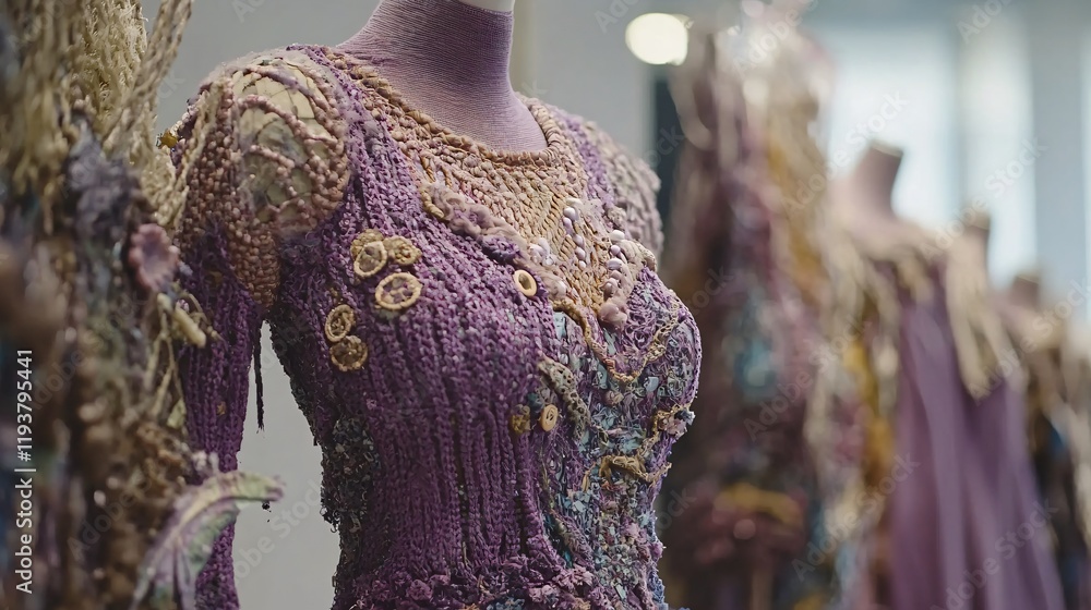 Obraz premium Intricate Knitted Textile Art Fashion Design Purple Dress Mannequin