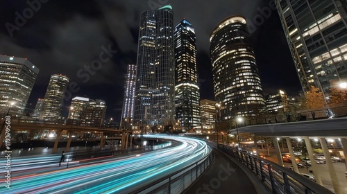 Night Cityscape with Light Trails and Skyscrapers