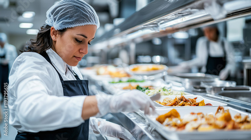 A cafeteria staff member wearing a hairnet and gloves as they serve food on a buffet line