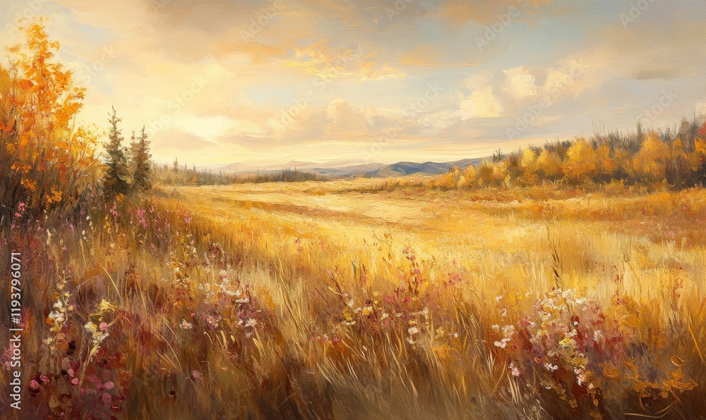 Fototapeta premium A golden light-filled field of tall grasses and wildflowers on a warm autumn day, field landscape, fall colors
