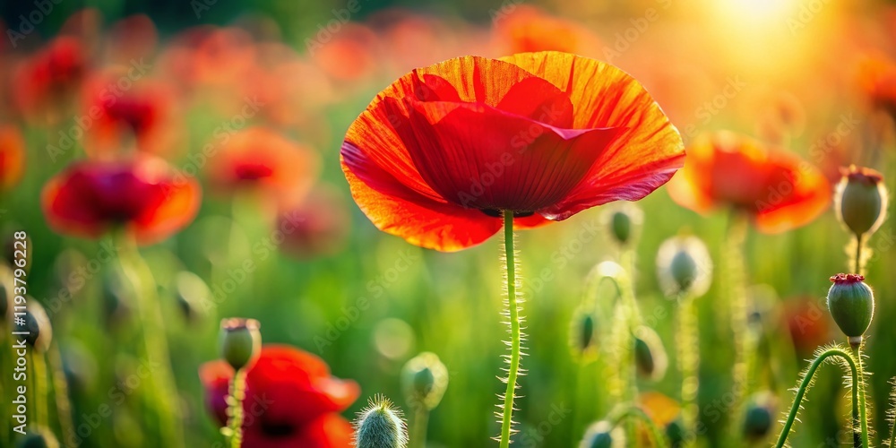 Obraz premium Vibrant Red Poppy Field Summer Bloom, Wildflower Meadow, Nature Photography