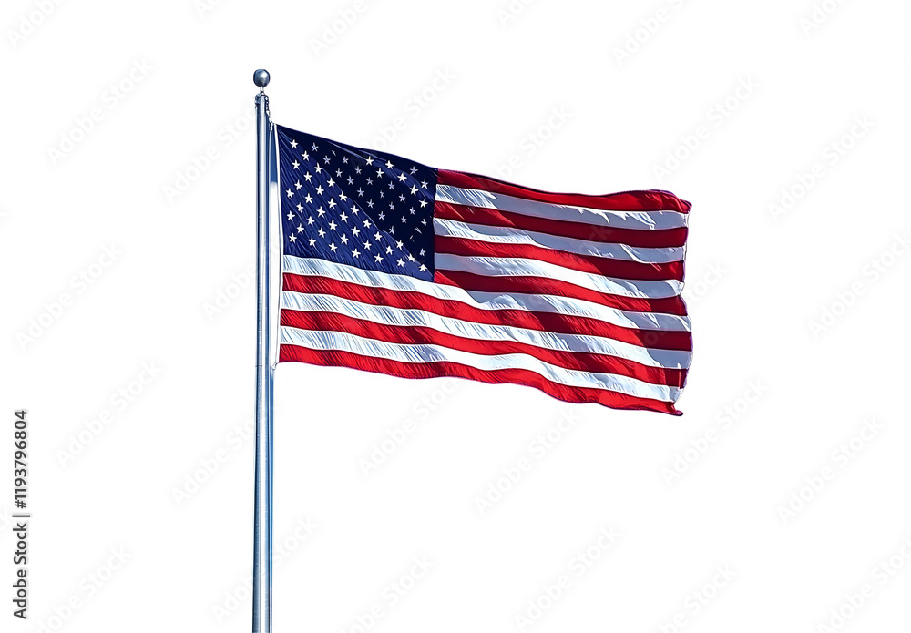 Obraz premium American Flag Waves on a Clear Blue Sky with Fluffy Clouds, Isolated on Transparent Background