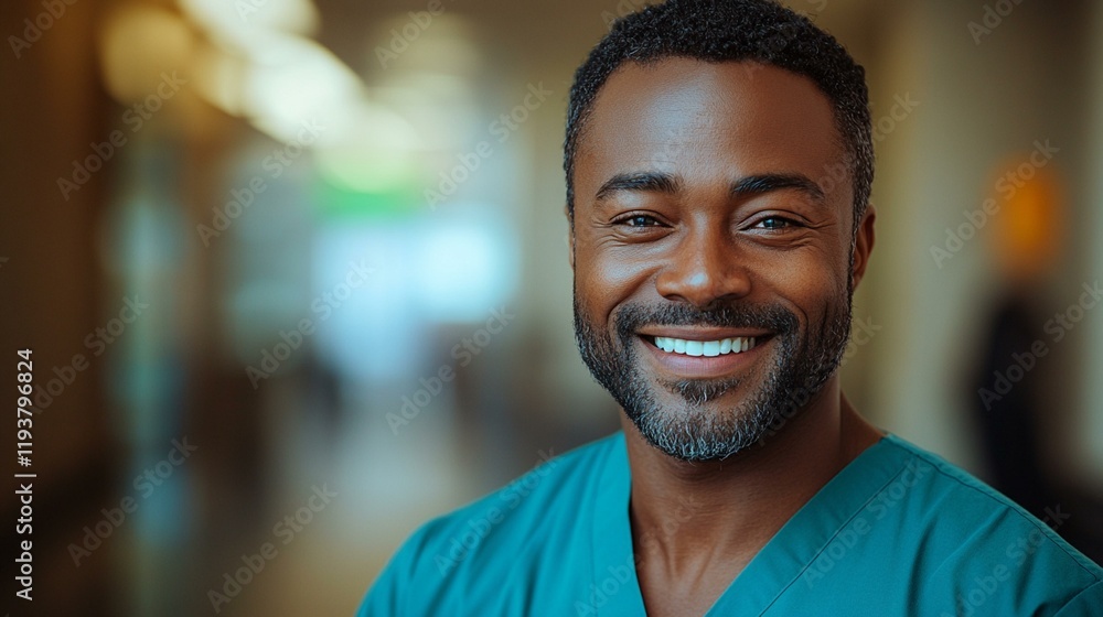 A healthcare worker in scrubs, smiling and standing in a hospital corridor, celebrating their vital role in society on Workers' Day. 217 A healthcare worker in scrubs, smiling and standing in a hospital corridor, celebrating their vital role in society on Workers' Day. 217