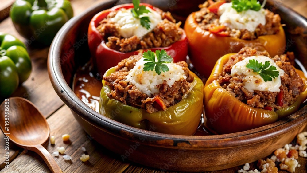 Baked stuffed bell peppers with rice, meat, and cheese in a rustic dish Baked stuffed bell peppers with rice, meat, and cheese in a rustic dish
