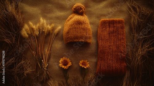 Autumnal Knitted Baby Hat and Leg Warmers with Dried Flowers photo