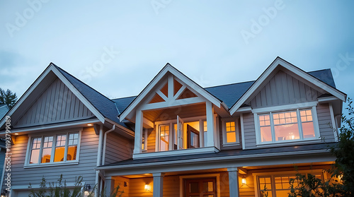 Luxury Dream Home Exterior at Dusk: Modern Architectural Design, Stunning Night Photography