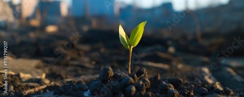 Small green plant sprouting from ashes in a post-fire landscape, symbolizing resilience, hope, and new beginnings in a devastated environment