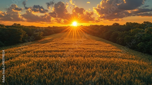 Golden Wheat Fields Under a Vibrant Sunset Sky with Clouds and Warm Light Illuminating Nature's Beauty in a Rural Landscape
