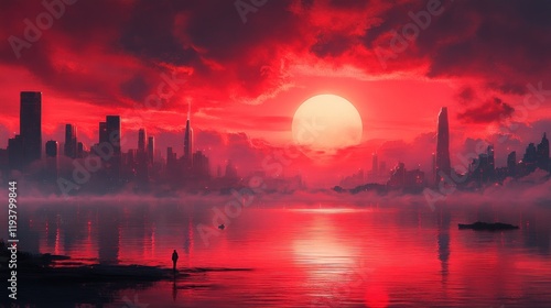 Crimson Cityscape: A Solitary Figure at Sunset