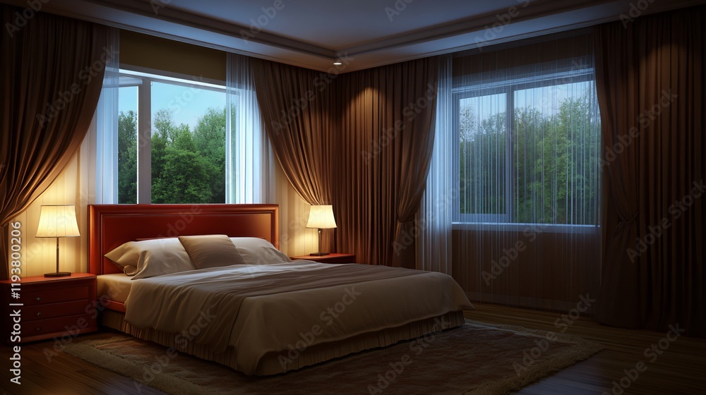 Fototapeta premium Serene Bedroom Interior Design at Night with Lamps and Curtains