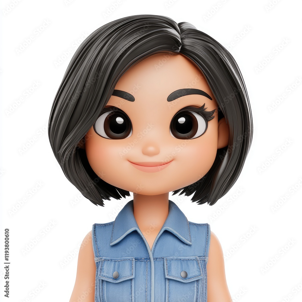 3D memoji representation of a Latina woman with short bob hairstyle and denim vest against a white background 3D memoji representation of a Latina woman with short bob hairstyle and denim vest against a white background