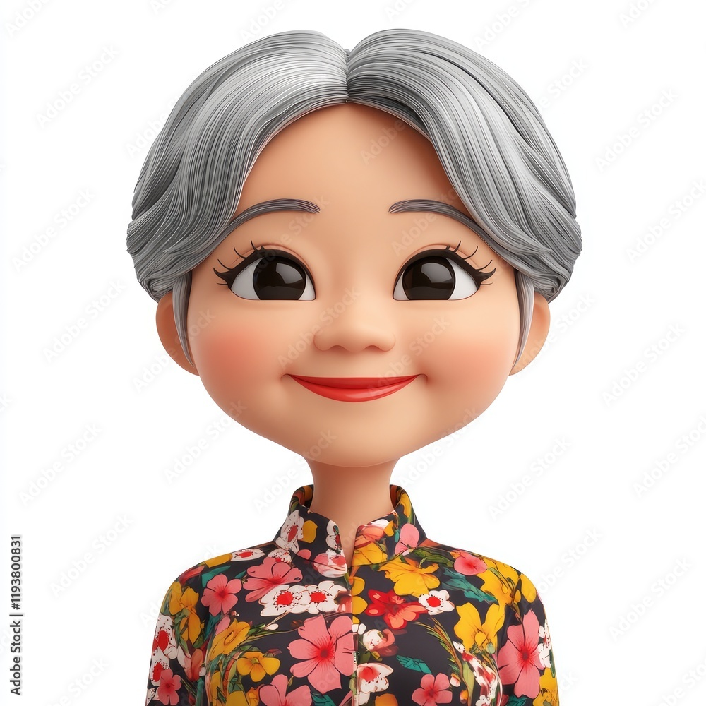 Cheerful 3D memoji of an elderly Asian woman with silver hair in a floral blouse on a white background Cheerful 3D memoji of an elderly Asian woman with silver hair in a floral blouse on a white background