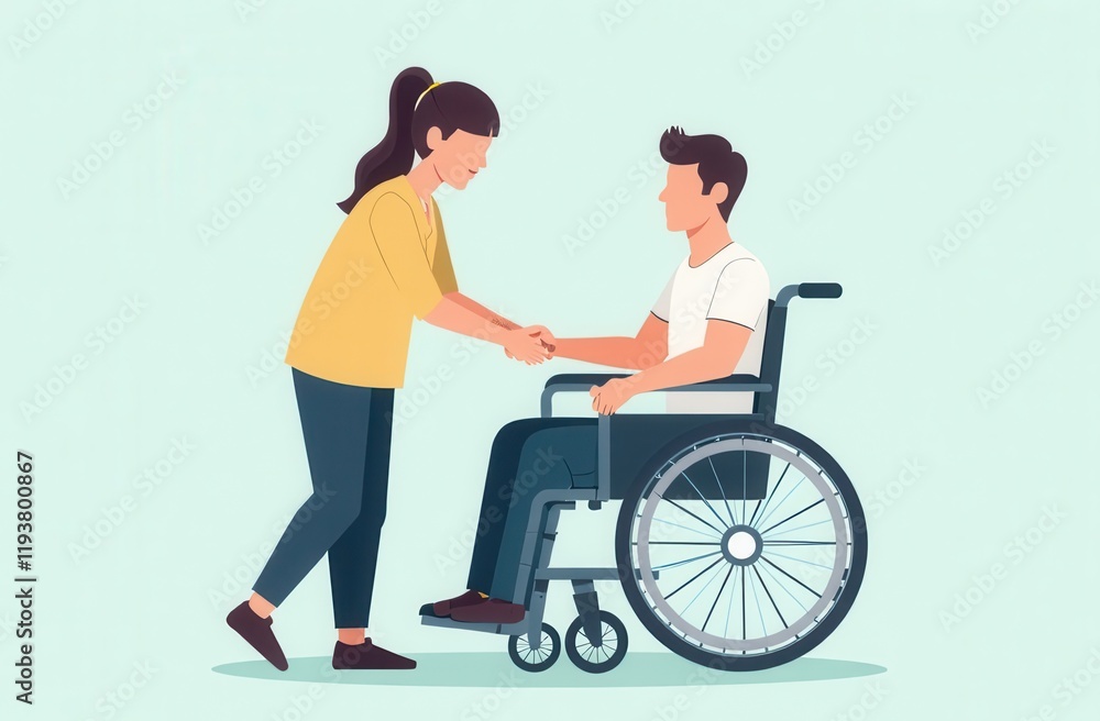 Caregiver helping a person in a wheelchair illustration. Caregiver helping a person in a wheelchair illustration.