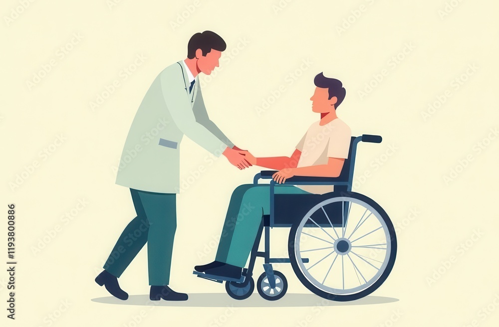 Doctor shaking hands with a wheelchair user in a friendly gesture. Doctor shaking hands with a wheelchair user in a friendly gesture.