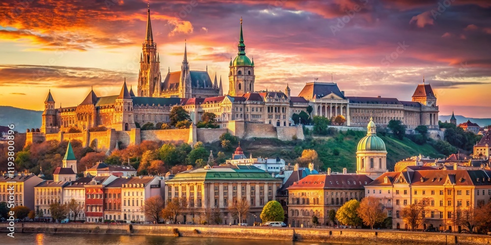 Fototapeta premium Vintage Budapest: Buda Castle & Matthias Church Panorama