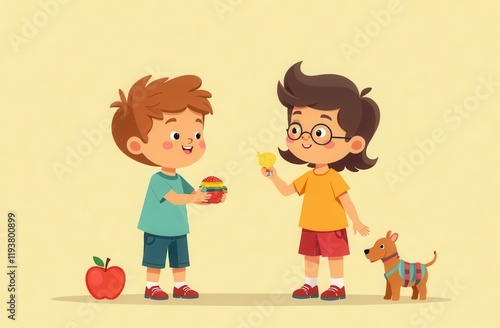 Kids sharing toys and food with a dog nearby.