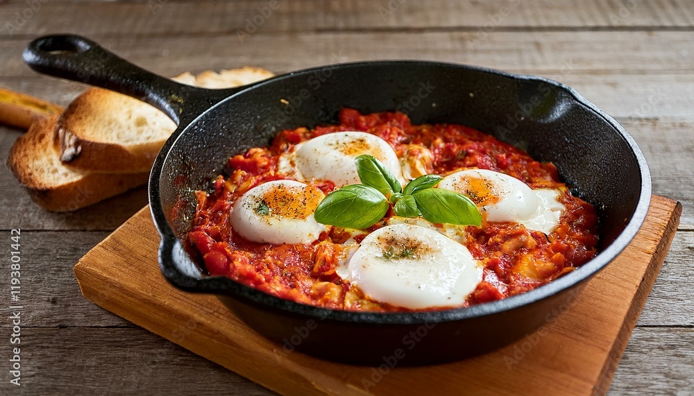 Shakshuka: eggs poached in a spicy tomato sauce. Shakshuka: eggs poached in a spicy tomato sauce.