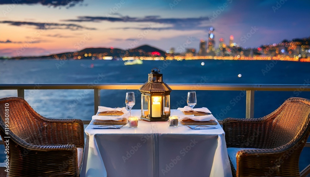 Fototapeta premium Romantic sunset dinner for two overlooking the city.